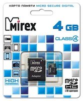 Карта памяти Mirex microSDHC 4Gb Class 4 + SD adapter (13613-ADTMSD04) купить по лучшей цене